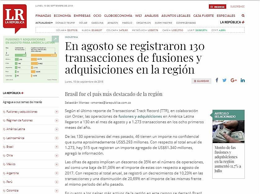 En agosto se registraron 130 transacciones de fusiones y adquisiciones en la regin